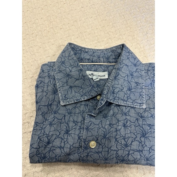 Peter Millar Crown Crafted Shirt Mens L Short Sleeve Blue Floral Button Up EUC - Picture 12 of 12